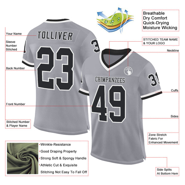 Custom Gray Black-White Mesh Authentic Throwback Football Jersey