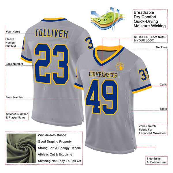 Custom Gray Royal-Gold Mesh Authentic Throwback Football Jersey