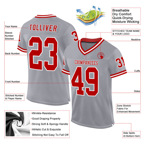 Custom Gray Red-White Mesh Authentic Throwback Football Jersey