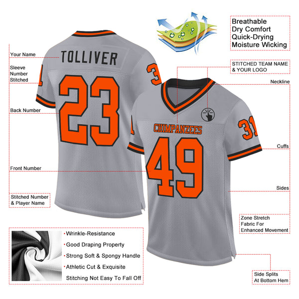 Custom Gray Orange-Black Mesh Authentic Throwback Football Jersey