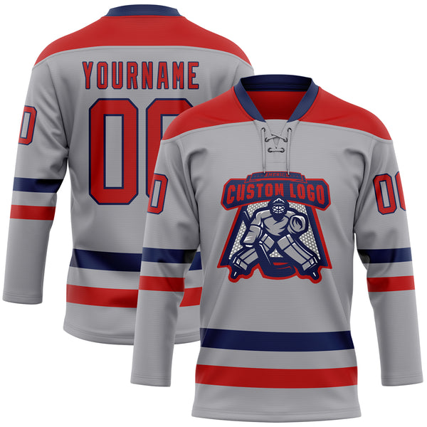 Custom Gray Red-Navy Hockey Lace Neck Jersey