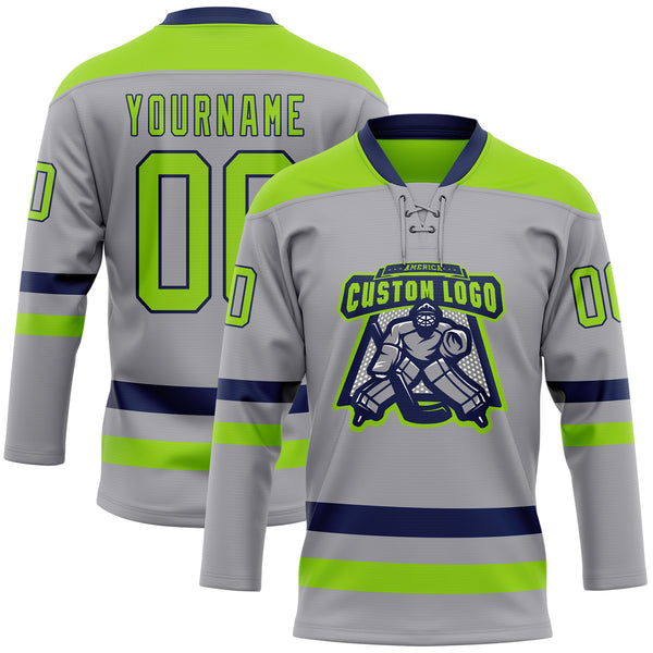 Custom Gray Neon Green-Navy Hockey Lace Neck Jersey