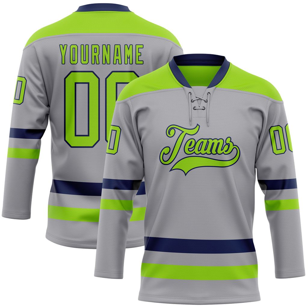 Custom Gray Neon Green-Navy Hockey Lace Neck Jersey