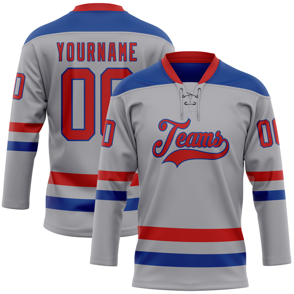 Custom Gray Red-Royal Hockey Lace Neck Jersey