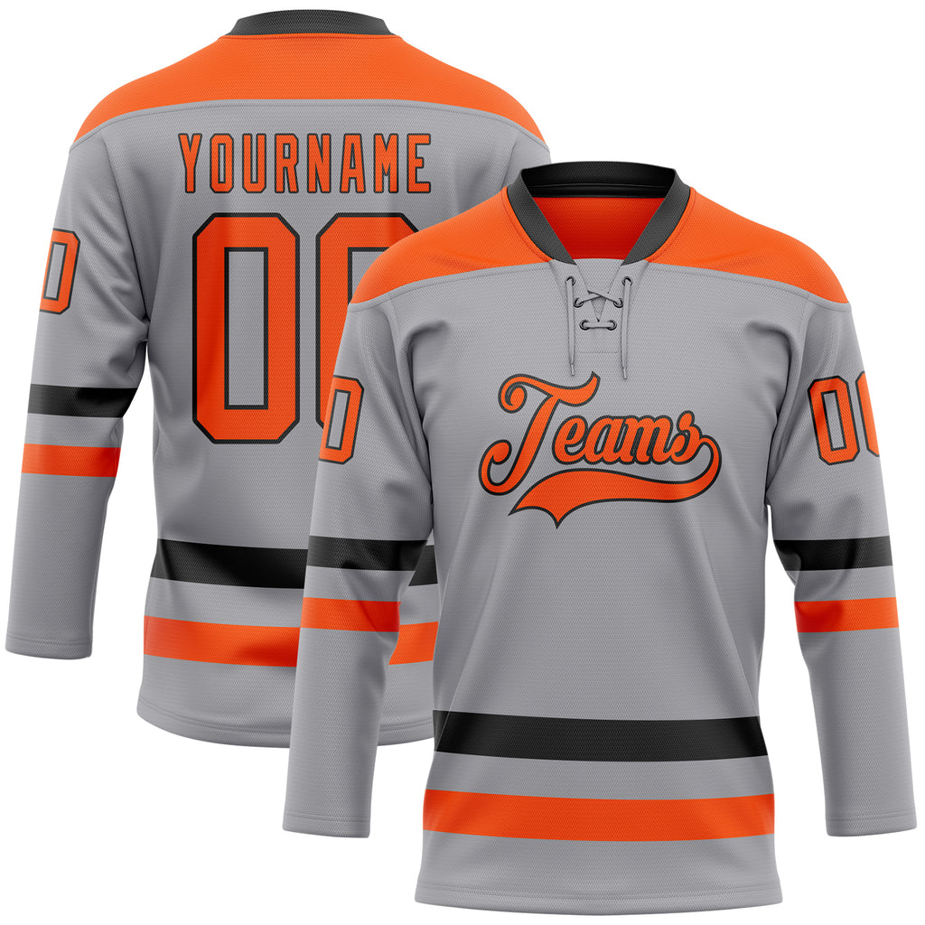 Custom Gray Orange-Black Hockey Lace Neck Jersey