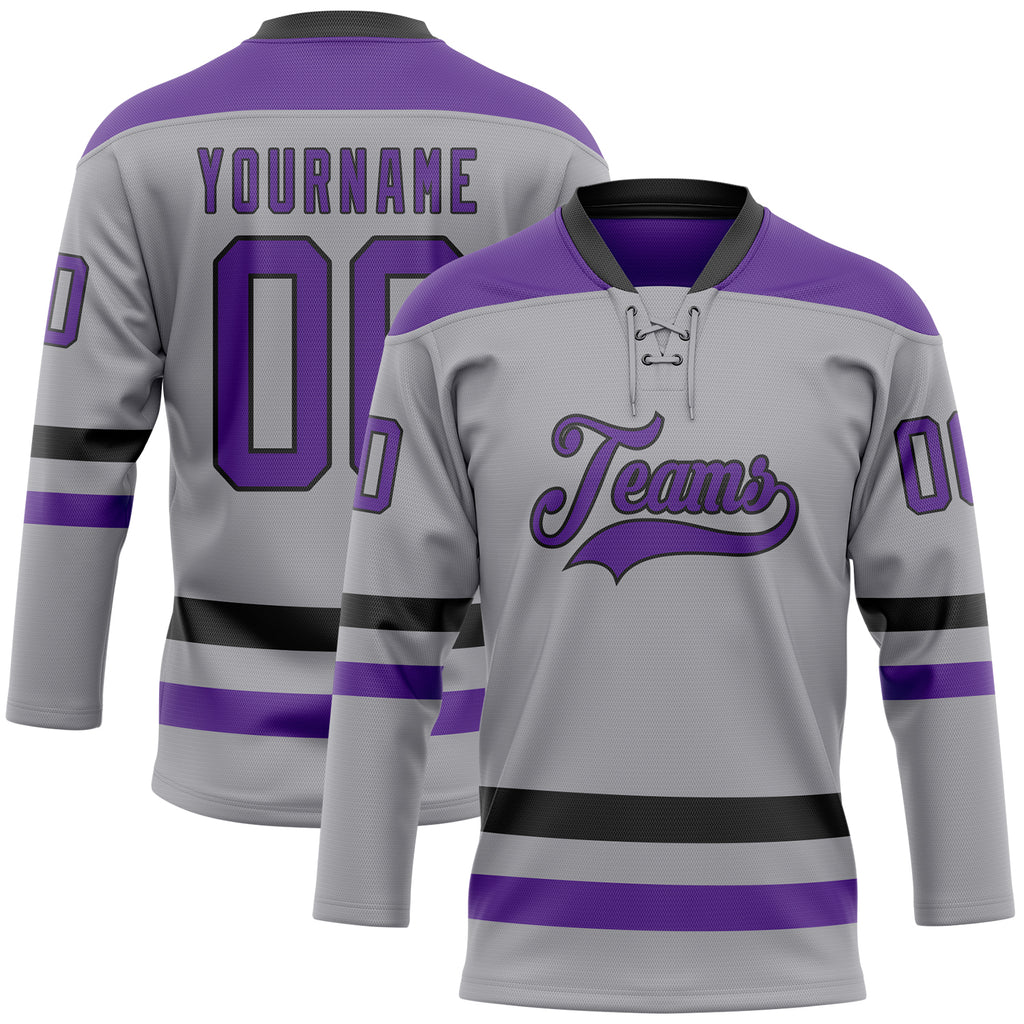 Custom Gray Purple-Black Hockey Lace Neck Jersey