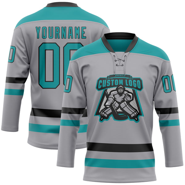 Custom Gray Teal-Black Hockey Lace Neck Jersey