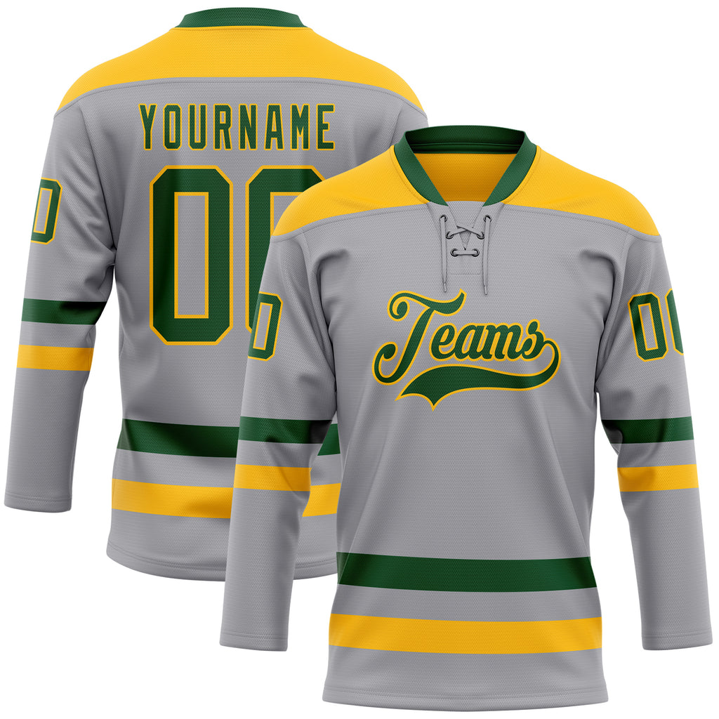 Custom Gray Green-Gold Hockey Lace Neck Jersey