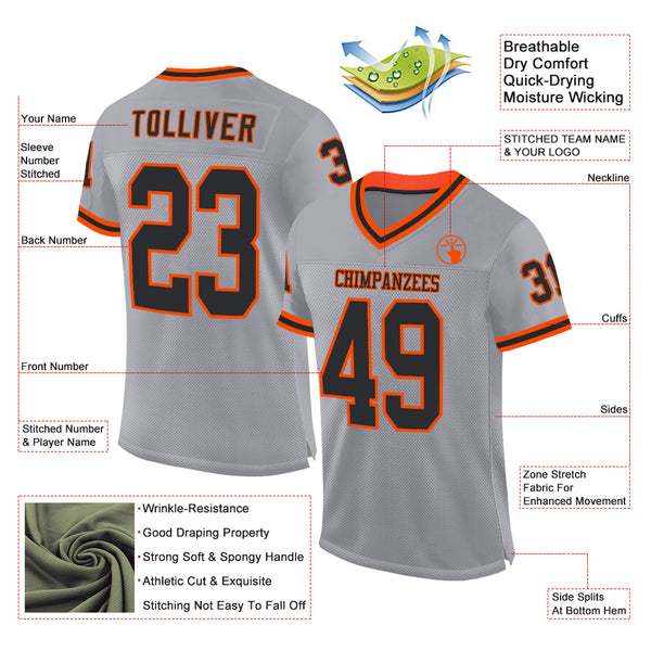 Custom Gray Black-Orange Mesh Authentic Throwback Football Jersey