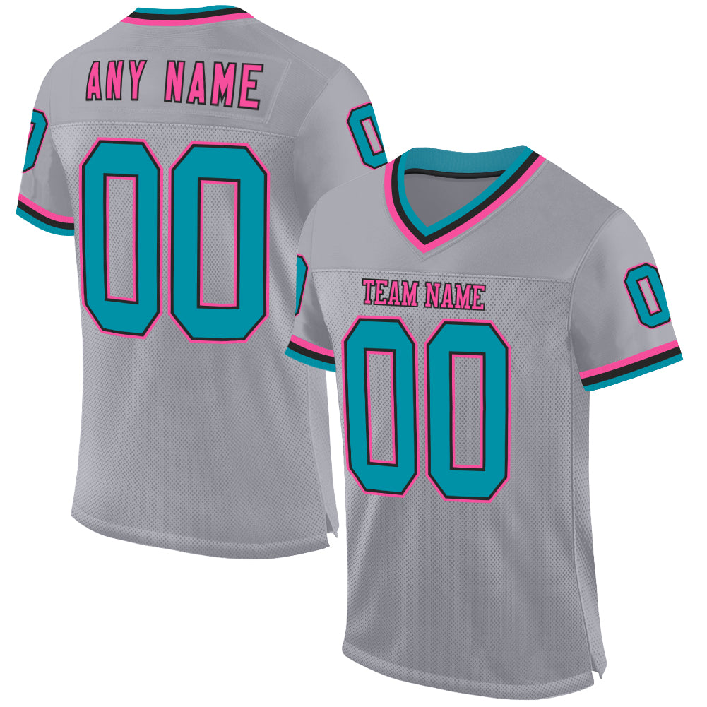 Custom Gray Teal Black-Pink Mesh Authentic Throwback Football Jersey