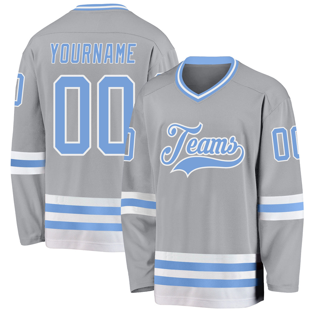 Custom Gray Light Blue-White Hockey Jersey