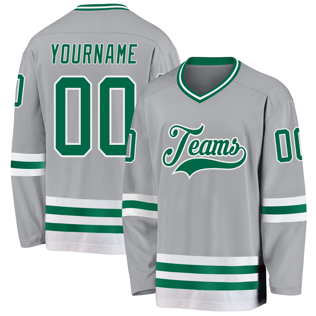 Custom Gray Kelly Green-White Hockey Jersey