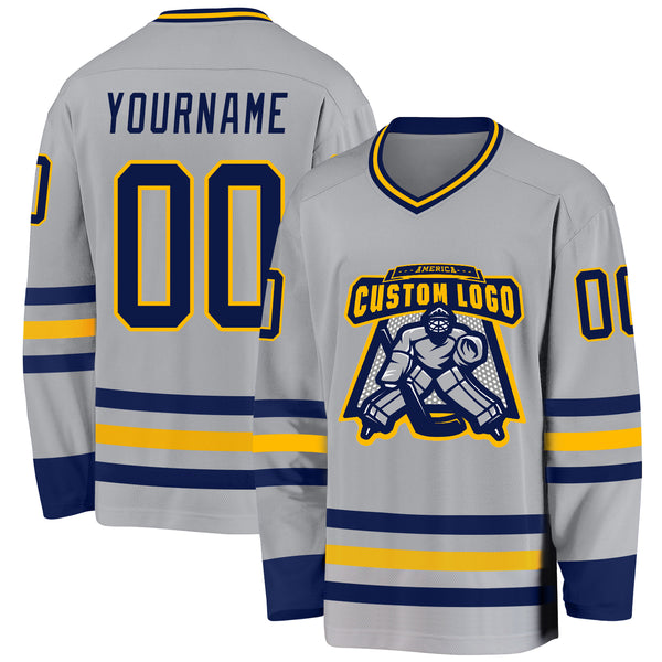 Custom Gray Navy-Gold Hockey Jersey