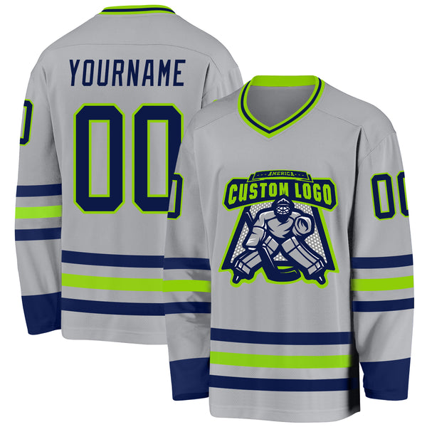 Custom Gray Navy-Neon Green Hockey Jersey