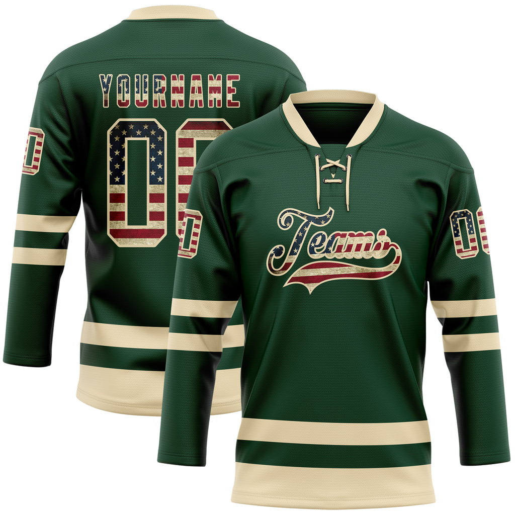 Custom Green Vintage USA Flag-Cream Hockey Lace Neck Jersey