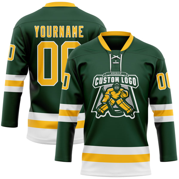 Custom Green Gold-White Hockey Lace Neck Jersey