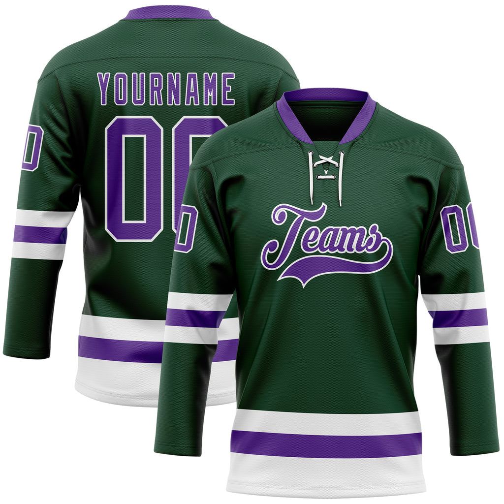 Custom Green Purple-White Hockey Lace Neck Jersey