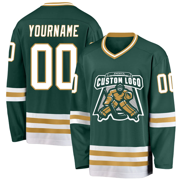 Custom Green White-Old Gold Hockey Jersey