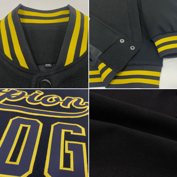 Custom Black Old Gold Bomber Full-Snap Varsity Letterman Jacket