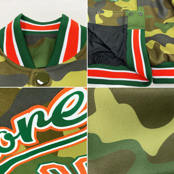 Custom Camo Orange-Kelly Green Bomber Full-Snap Varsity Letterman Salute To Service Jacket