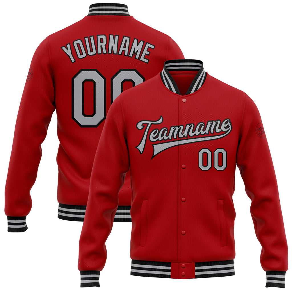 Custom Red Gray-Black Bomber Full-Snap Varsity Letterman Jacket