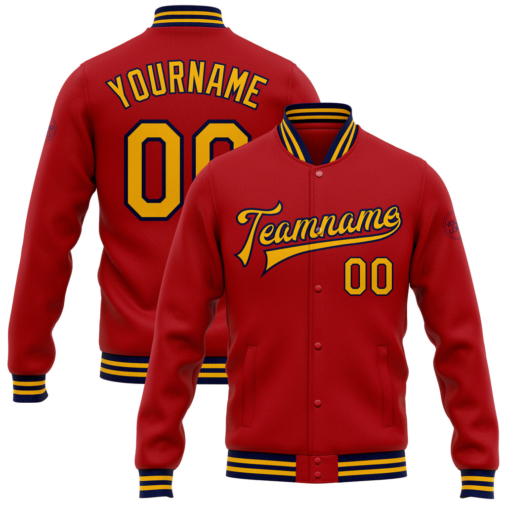 Custom Red Gold-Navy Bomber Full-Snap Varsity Letterman Jacket