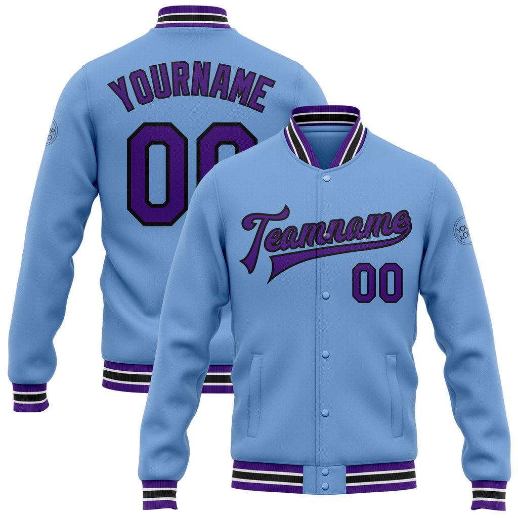 Custom Light Blue Purple-Black Bomber Full-Snap Varsity Letterman Jacket