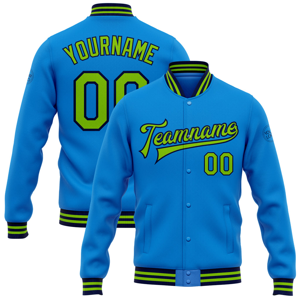 Custom Powder Blue Neon Green-Navy Bomber Full-Snap Varsity Letterman Jacket