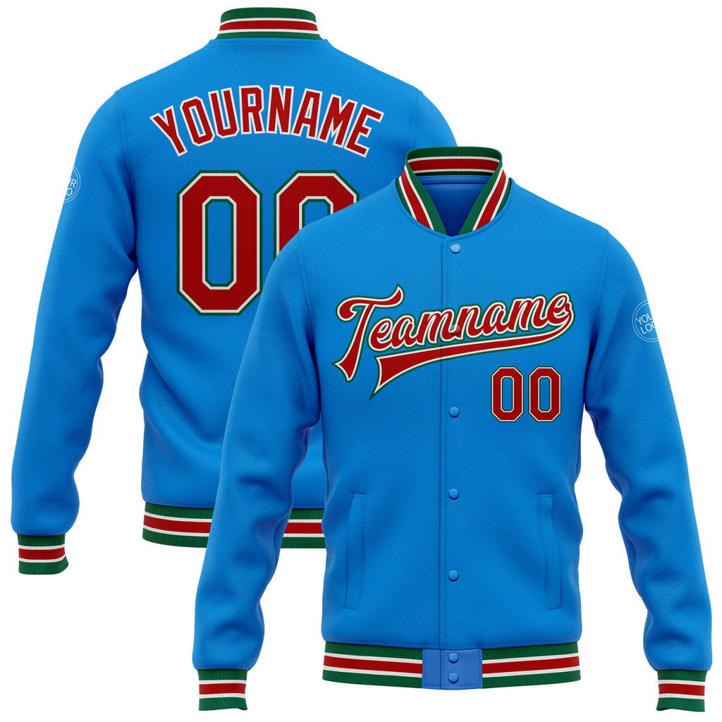 Custom Powder Blue Red-Kelly Green Bomber Full-Snap Varsity Letterman Jacket