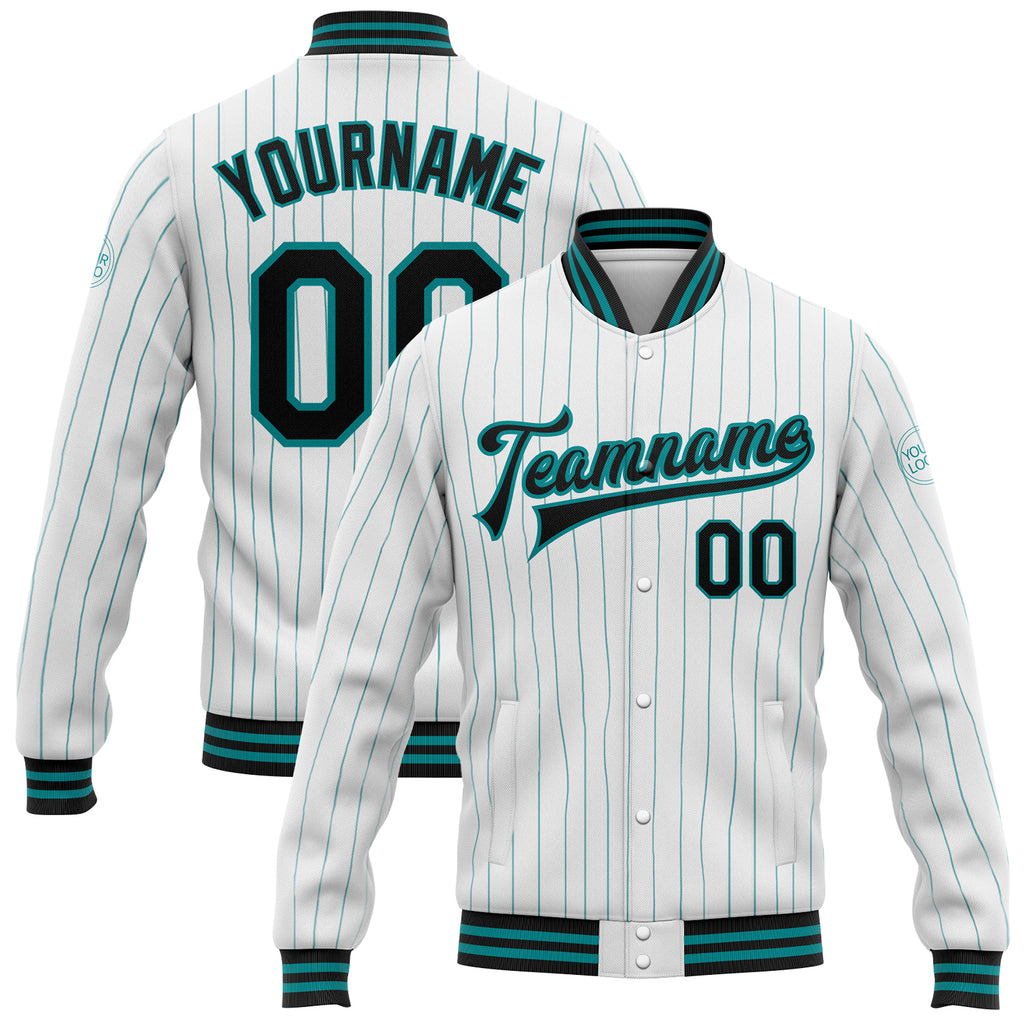 Custom White Teal Pinstripe Navy Bomber Full-Snap Varsity Letterman Jacket