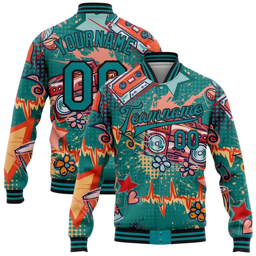 Custom Teal Black Music Festival 3D Pattern Design Bomber Full-Snap Varsity Letterman Jacket