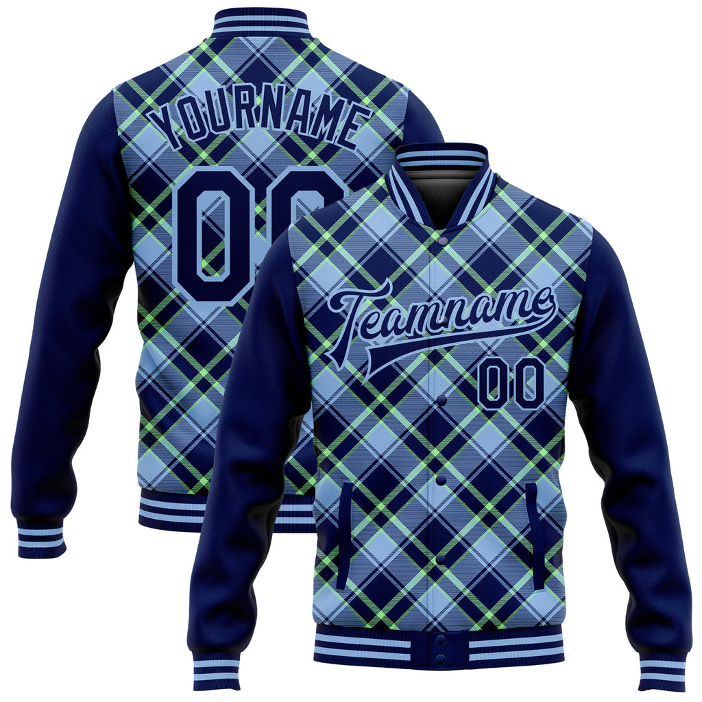 Custom Navy Light Blue-Neon Green Check Board 3D Pattern Design Bomber Full-Snap Varsity Letterman Jacket