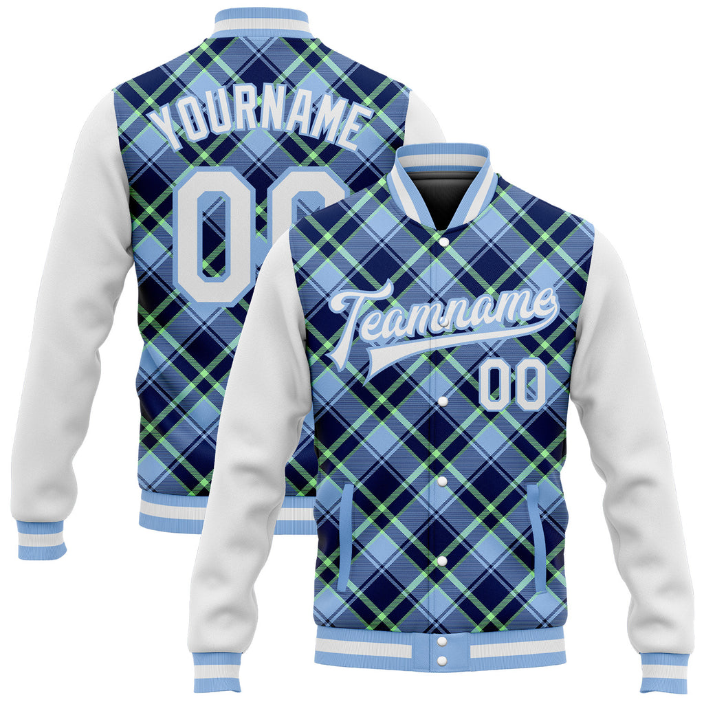 Custom Light Blue Navy-Neon Green Check Board 3D Pattern Design Bomber Full-Snap Varsity Letterman Jacket