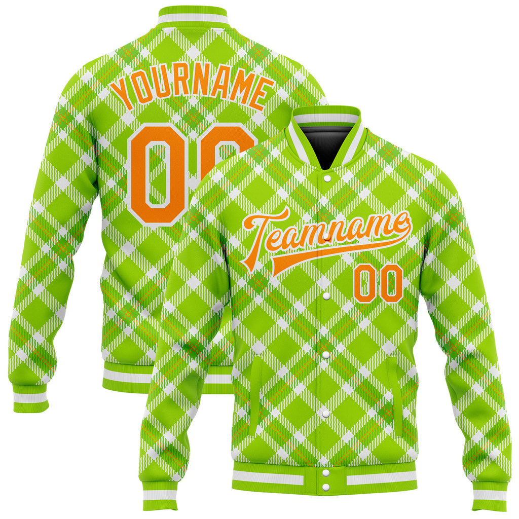 Custom Neon Green Bay Orange-White Check Board 3D Pattern Design Bomber Full-Snap Varsity Letterman Jacket