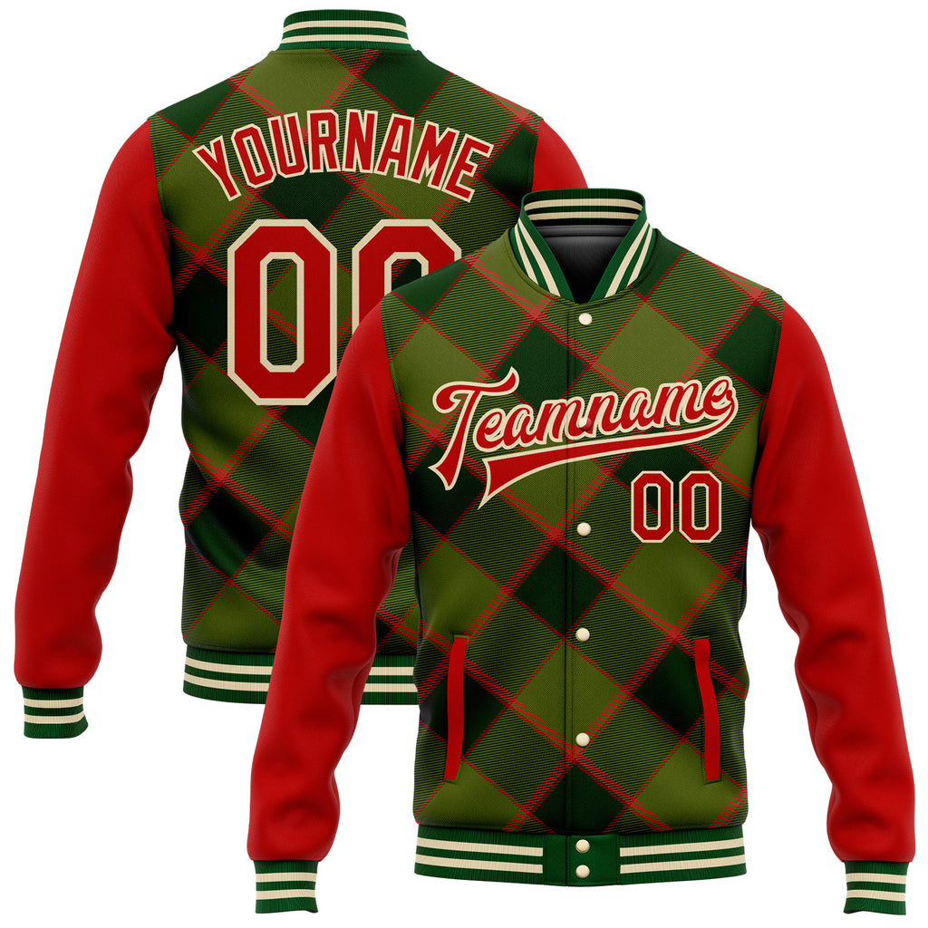 Custom Green Red-Cream Check Board 3D Pattern Design Bomber Full-Snap Varsity Letterman Jacket