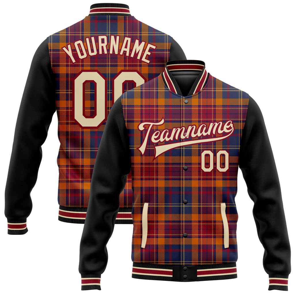 Custom Crimson Cream Black-City Cream Classic Western Plaid 3D Pattern Design Bomber Full-Snap Varsity Letterman Jacket