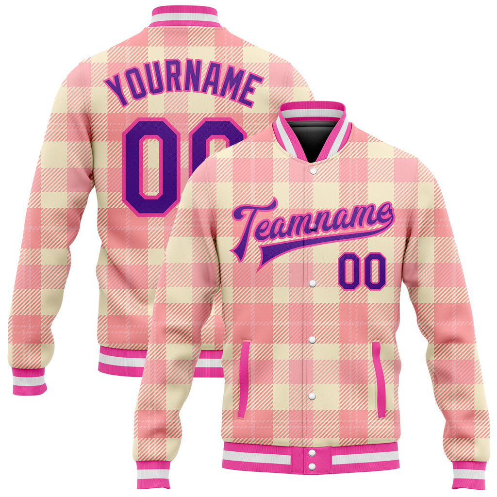 Custom Medium Pink Purple-Pink Classic Western Plaid 3D Pattern Design Bomber Full-Snap Varsity Letterman Jacket