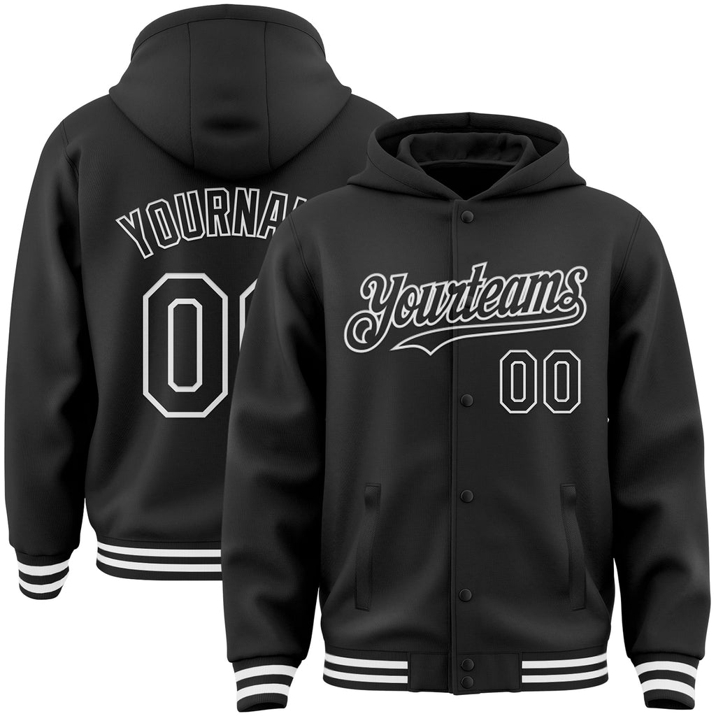 Custom Black White Bomber Full-Snap Varsity Letterman Hoodie Jacket