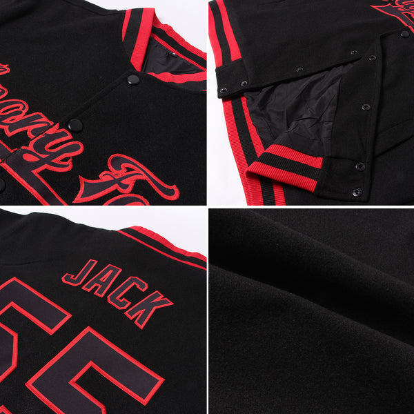 Custom Black Camo-Red Bomber Full-Snap Varsity Letterman Hoodie Jacket