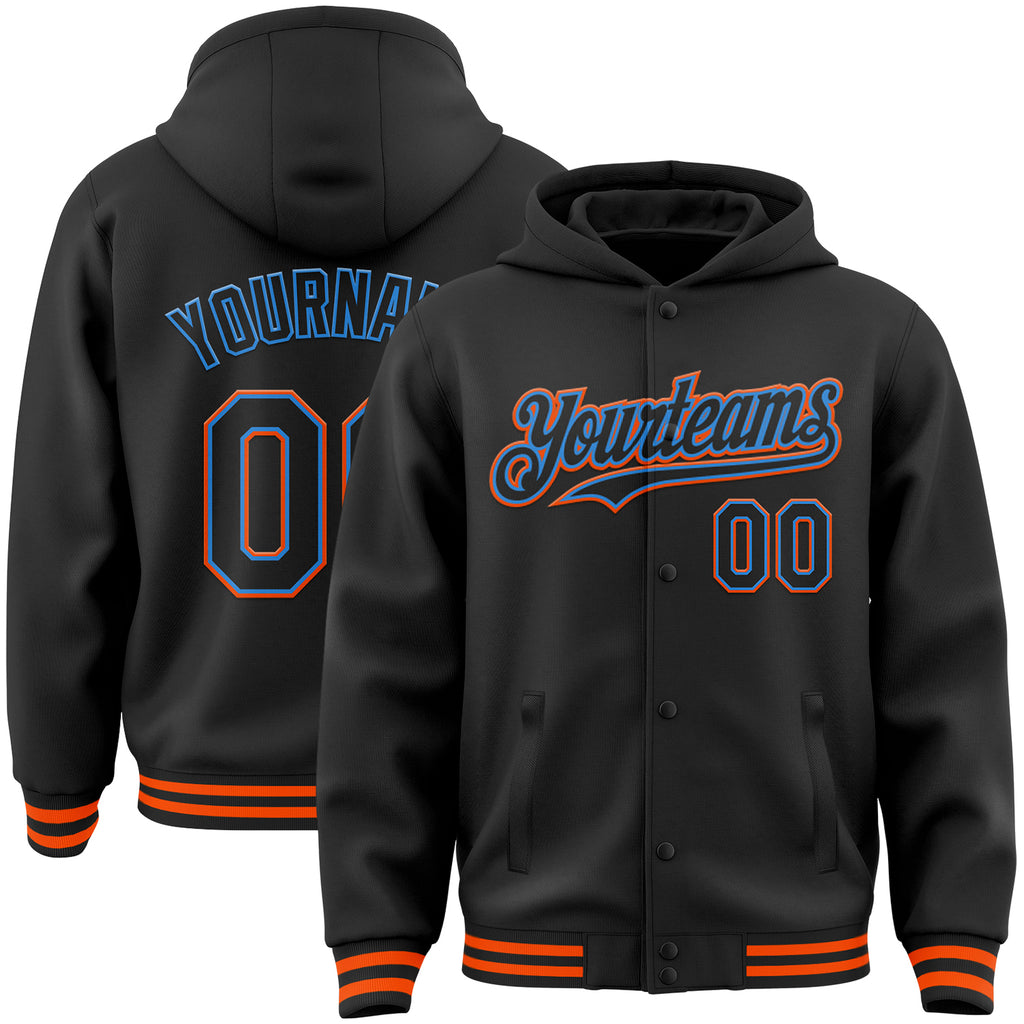 Custom Black Powder Blue-Orange Bomber Full-Snap Varsity Letterman Hoodie Jacket