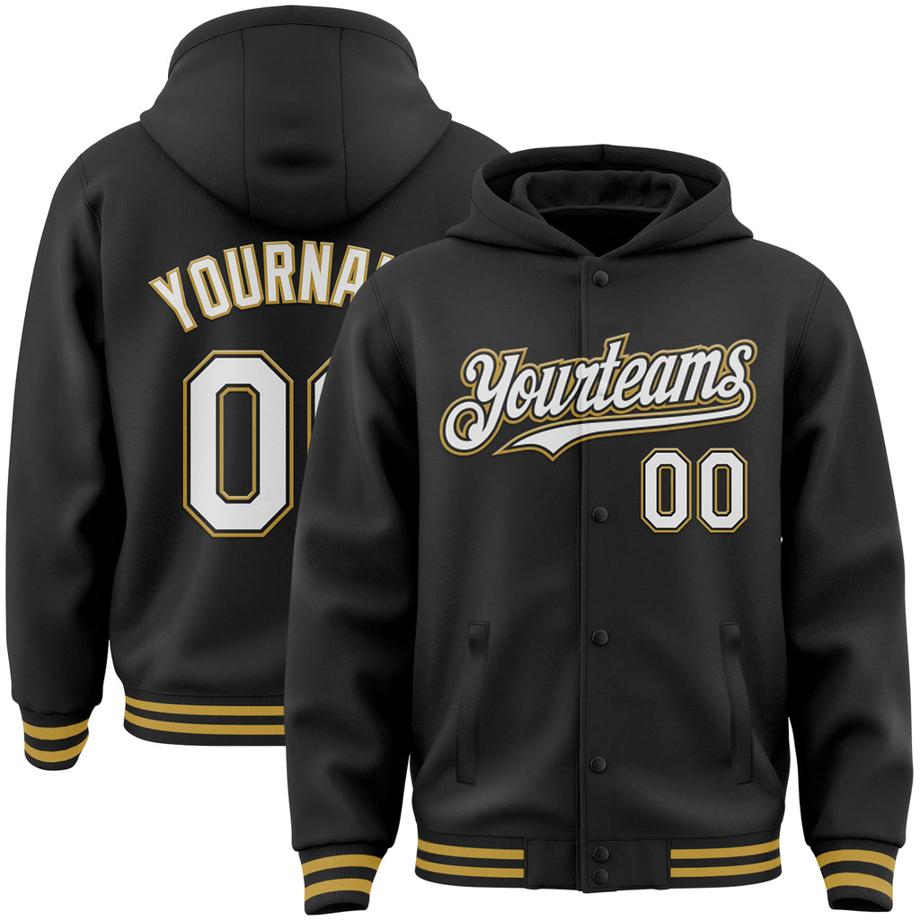 Custom Black White-Old Gold Bomber Full-Snap Varsity Letterman Hoodie Jacket