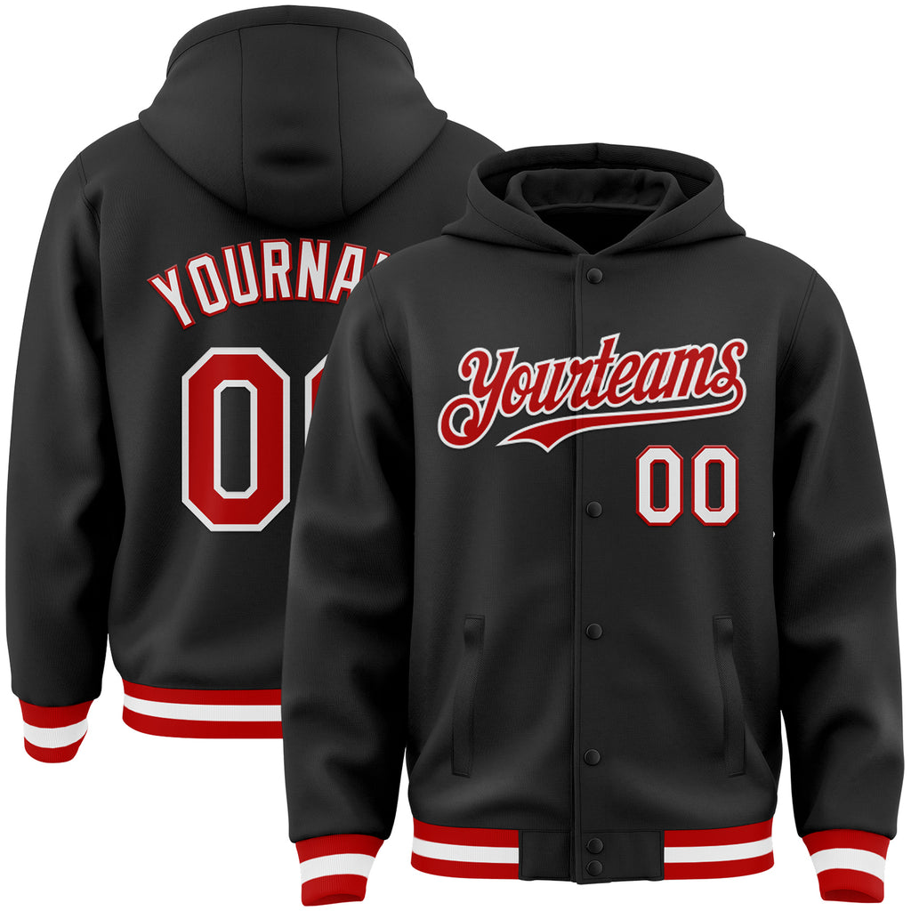 Custom Black Red-White Bomber Full-Snap Varsity Letterman Hoodie Jacket