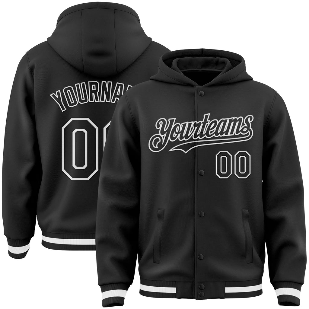 Custom Black White Bomber Full-Snap Varsity Letterman Hoodie Jacket