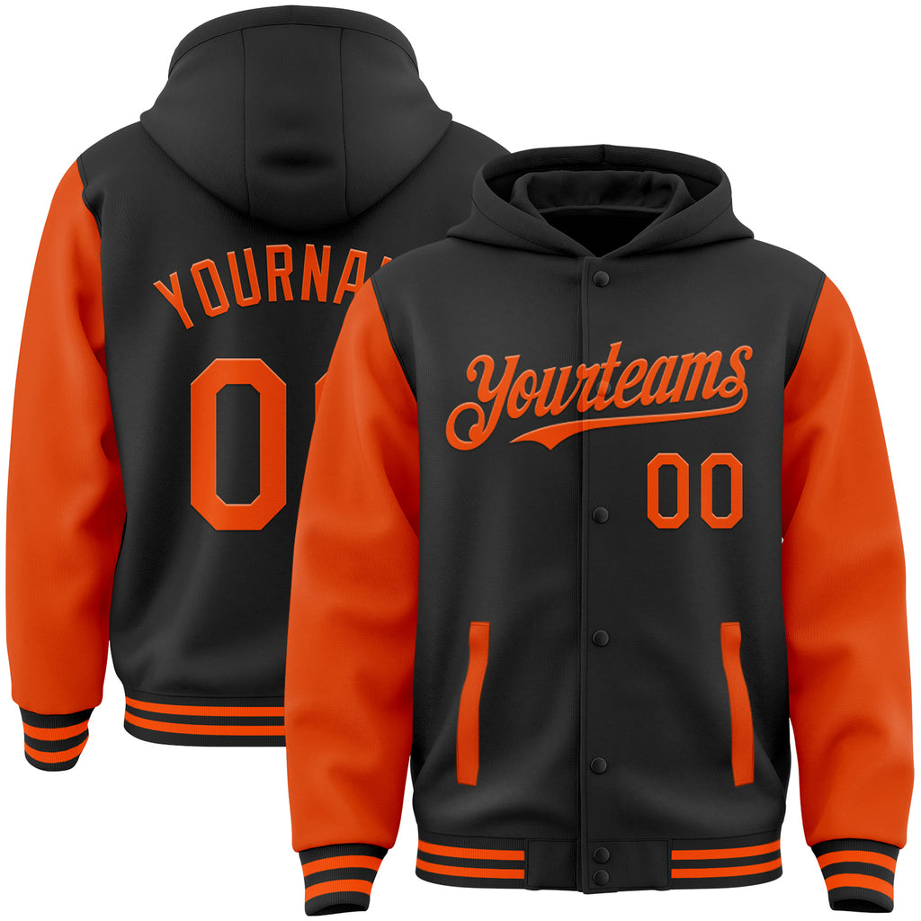 Custom Black Orange Bomber Full-Snap Varsity Letterman Two Tone Hoodie Jacket