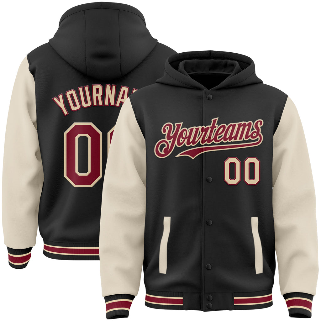 Custom Black Crimson Cream-City Cream Bomber Full-Snap Varsity Letterman Two Tone Hoodie Jacket