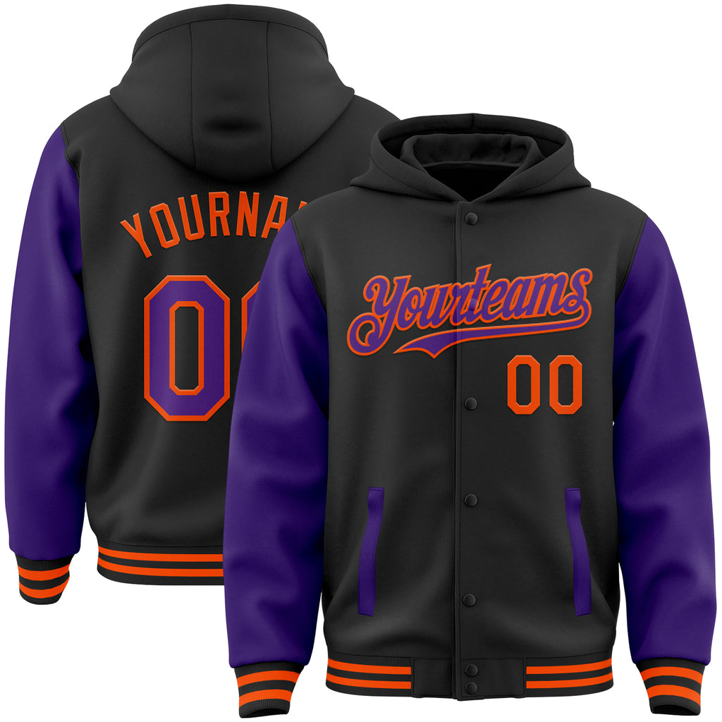 Custom Black Purple-Orange Bomber Full-Snap Varsity Letterman Two Tone Hoodie Jacket