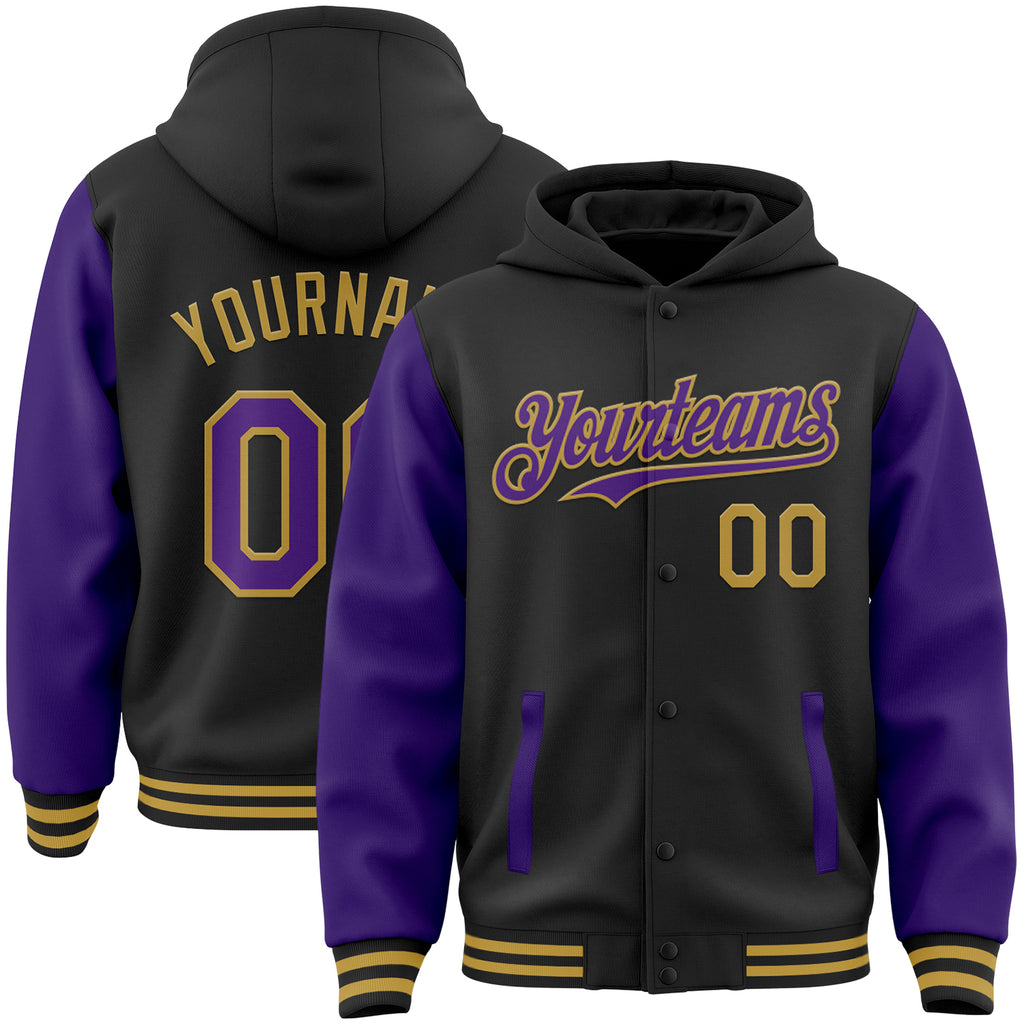 Custom Black Purple-Old Gold Bomber Full-Snap Varsity Letterman Two Tone Hoodie Jacket