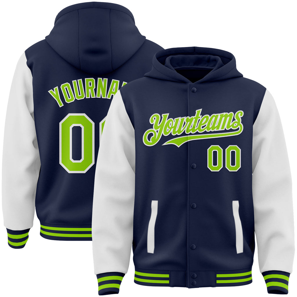 Custom Navy Neon Green-White Bomber Full-Snap Varsity Letterman Two Tone Hoodie Jacket