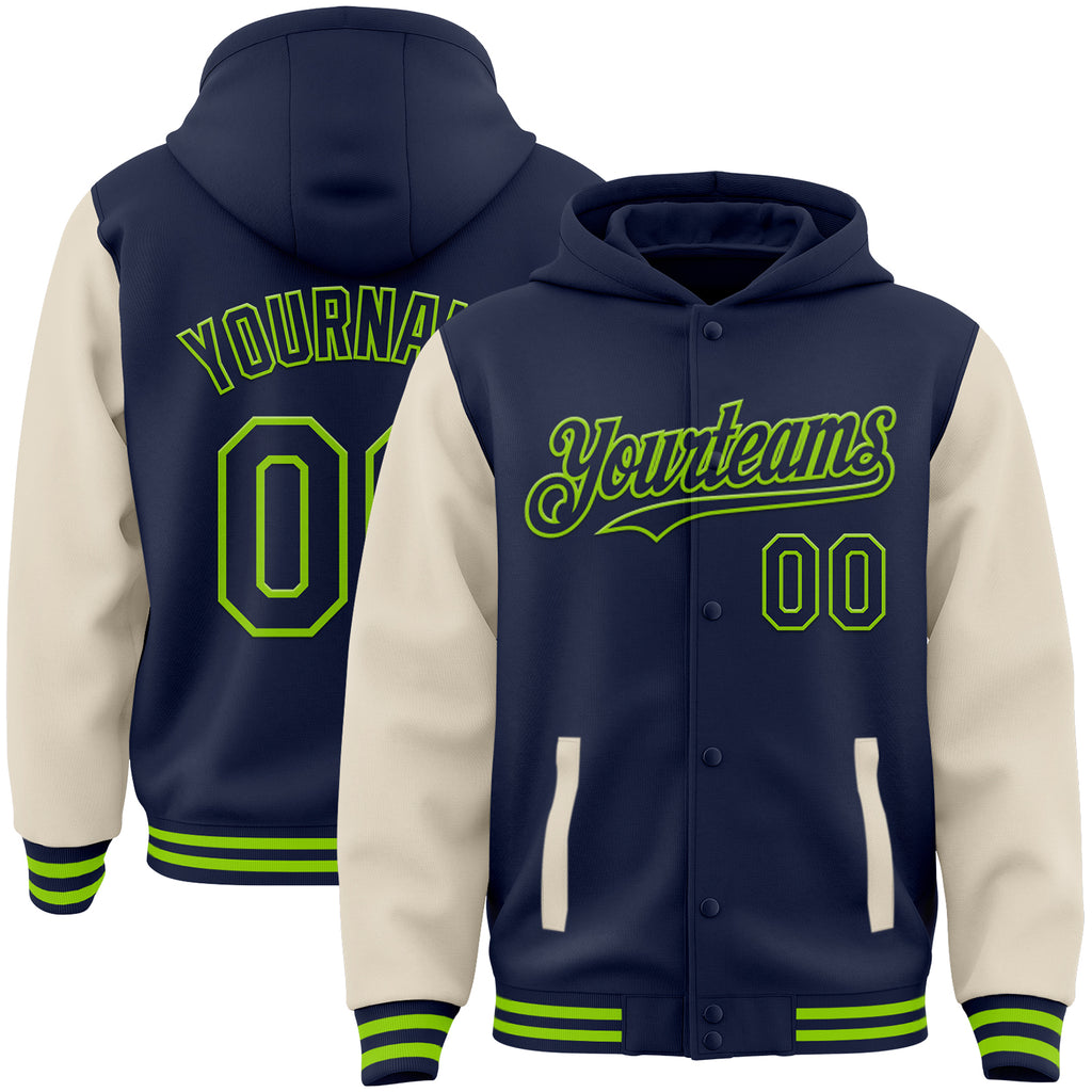 Custom Navy Cream-Neon Green Bomber Full-Snap Varsity Letterman Two Tone Hoodie Jacket