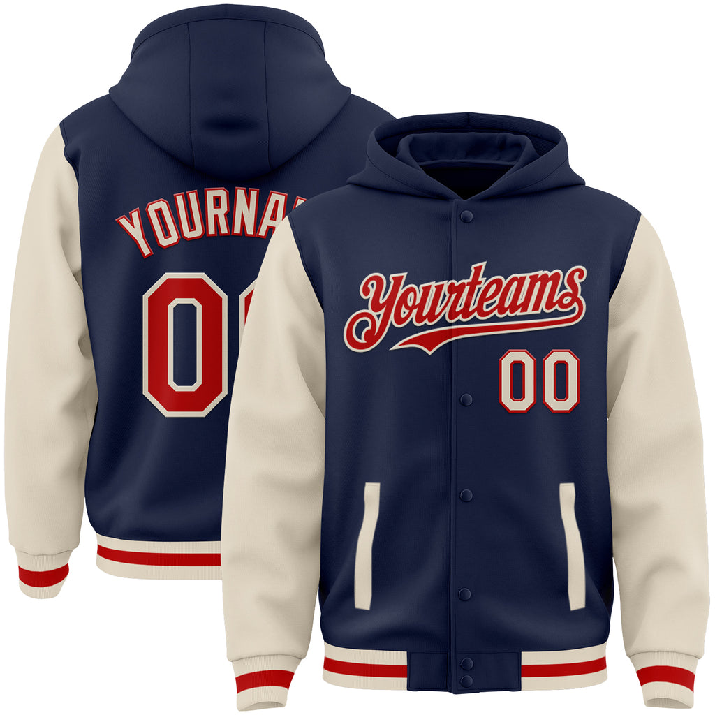 Custom Navy Red-Cream Bomber Full-Snap Varsity Letterman Two Tone Hoodie Jacket